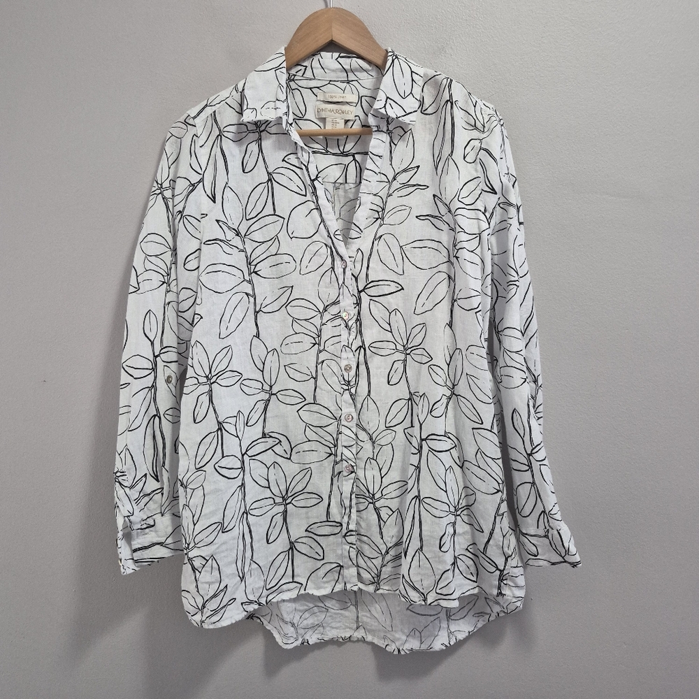 Cynthia Rowley 100% Linen Botanical Leaf Print Casual Button Down Size Medium
